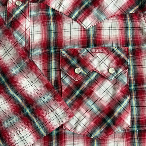 Vintage 90s 2000s Wrangler Cropped Plaid Tinsel Pearl Snap Western ~ Size L - Picture 5 of 6